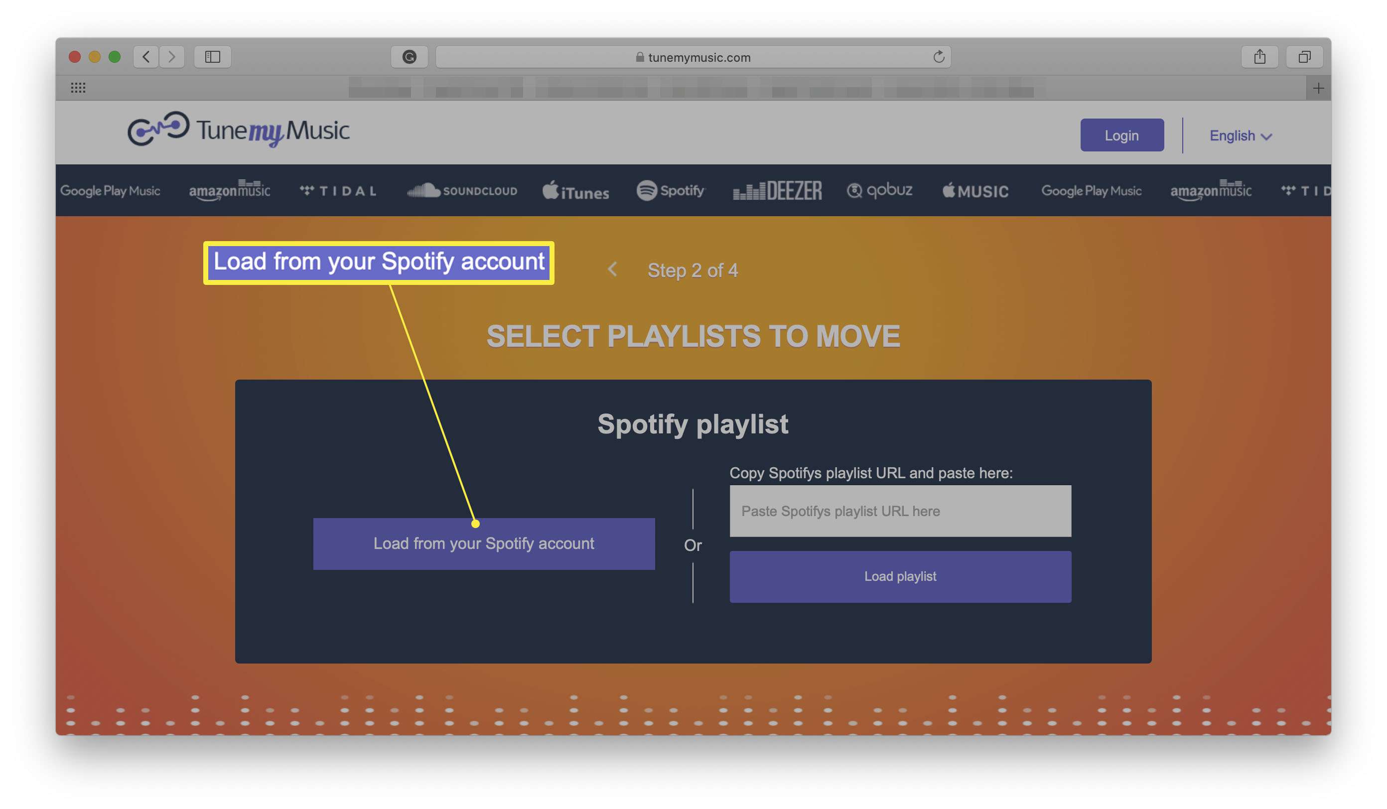 Web TuneMyMusic se zvýrazněným dialogem přenosu seznamu skladeb a načtením z vašeho účtu Spotify