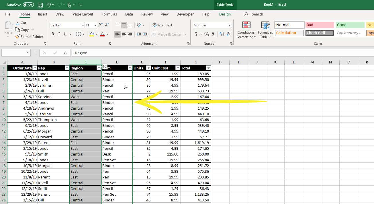 Ztmavené ohraničení, které se zobrazí při přesunu sloupce v aplikaci Excel.