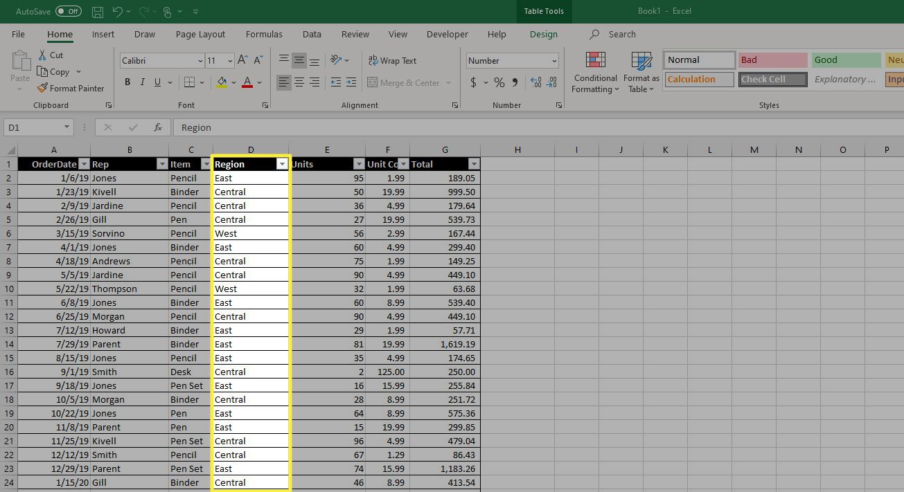 Sloupec aplikace Excel v novém umístění po přesunutí.