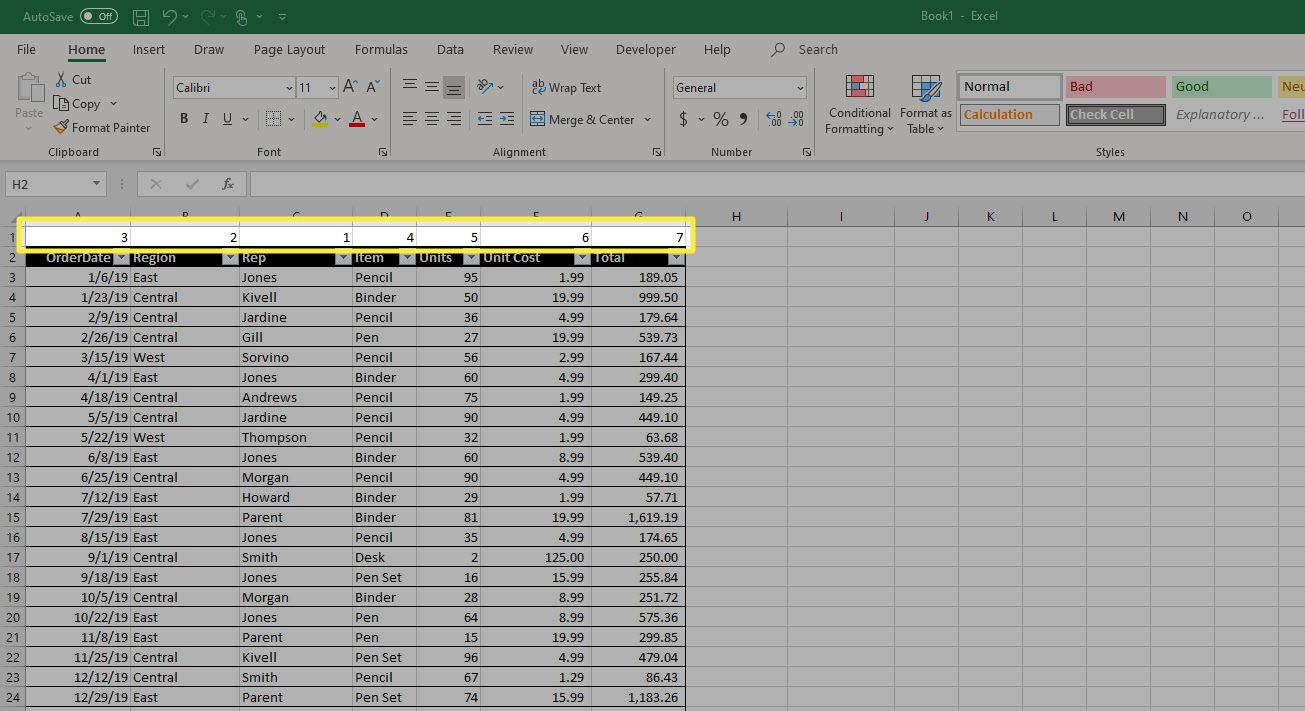 Nový řádek v aplikaci Excel, který byl použit k číslování preferovaného pořadí sloupců.