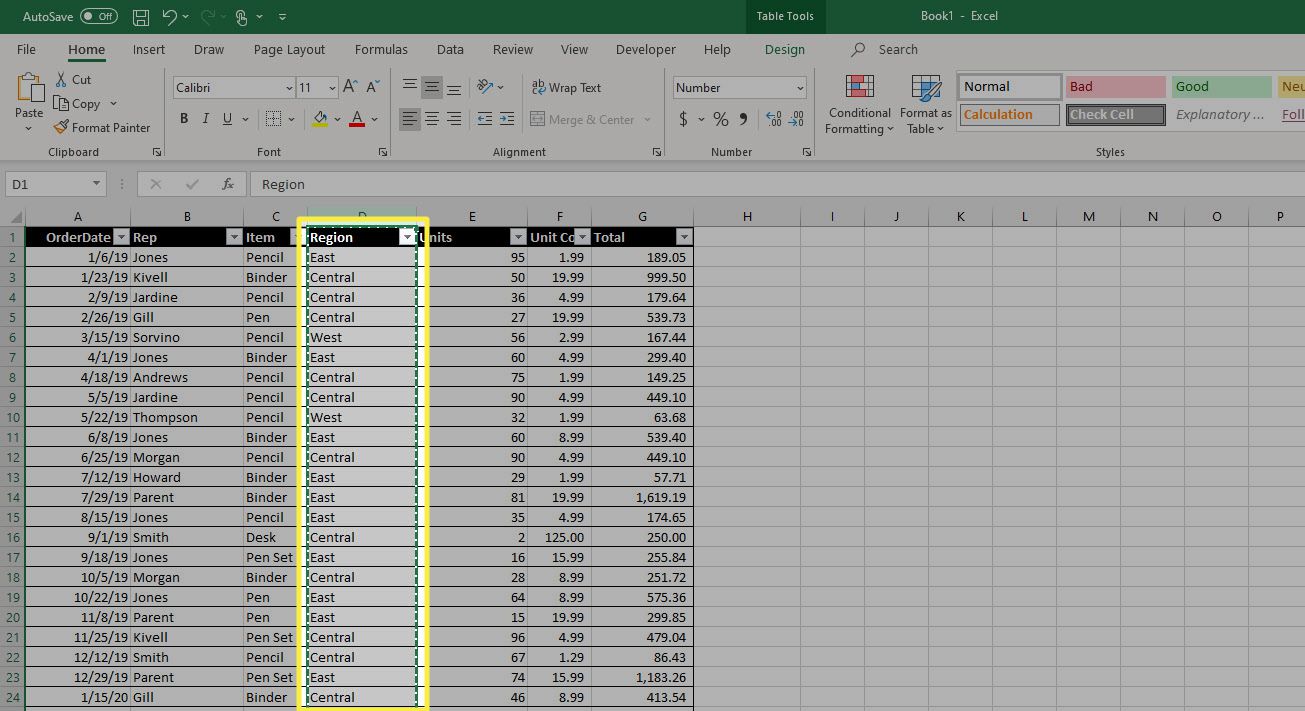 Sloupec v aplikaci Excel, který byl "střih" z aktuální polohy.