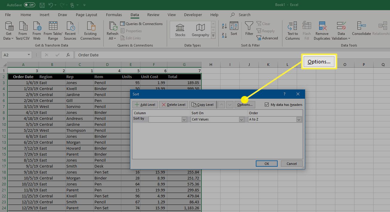 Tlačítko možností v dialogovém okně Řazení v aplikaci Microsoft Excel.