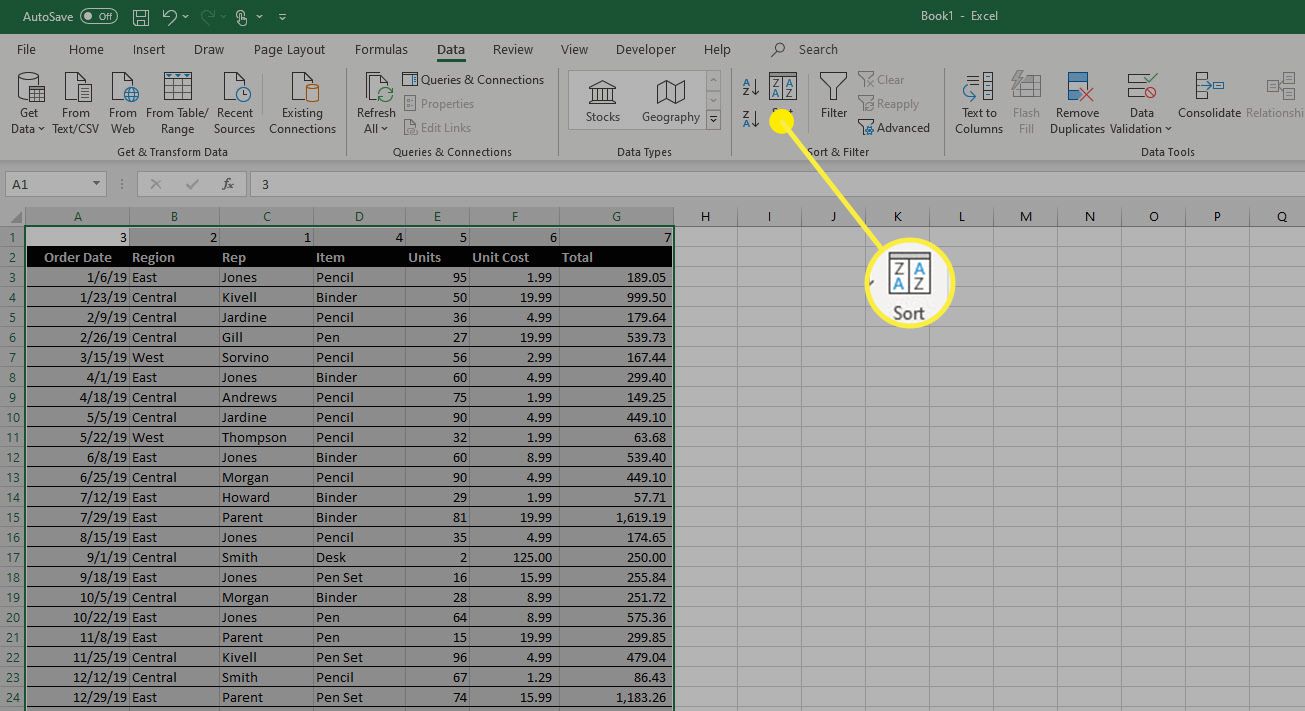 Možnost Seřadit v aplikaci Microsoft Excel.