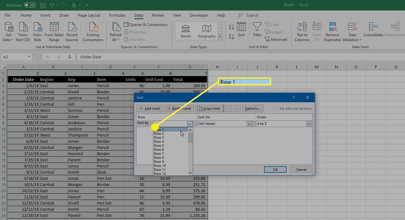 Možnosti Řadit podle řádku v aplikaci Microsoft Excel.