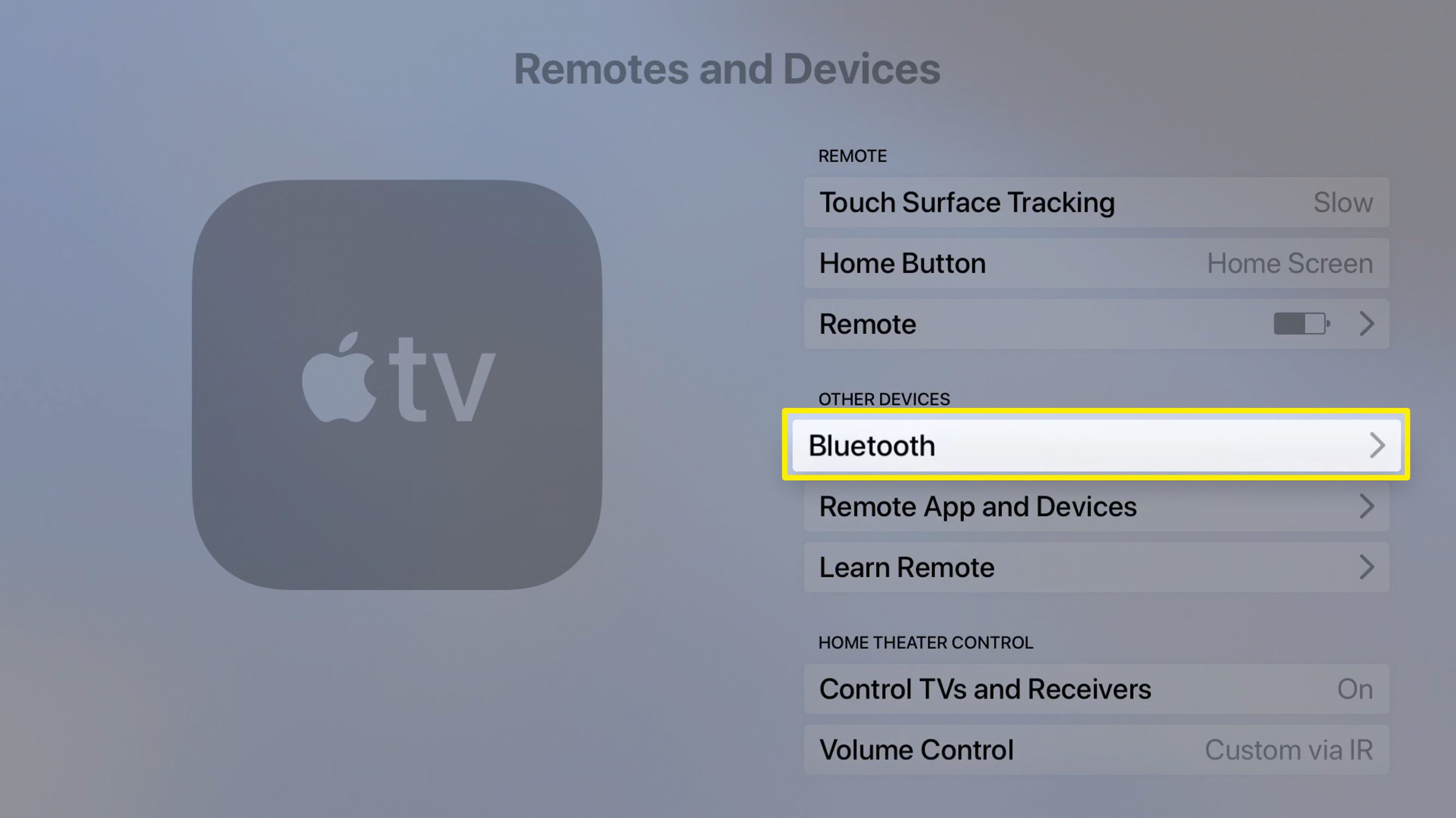 Screenshot obrazovky dálkových ovladačů a zařízení Apple TV