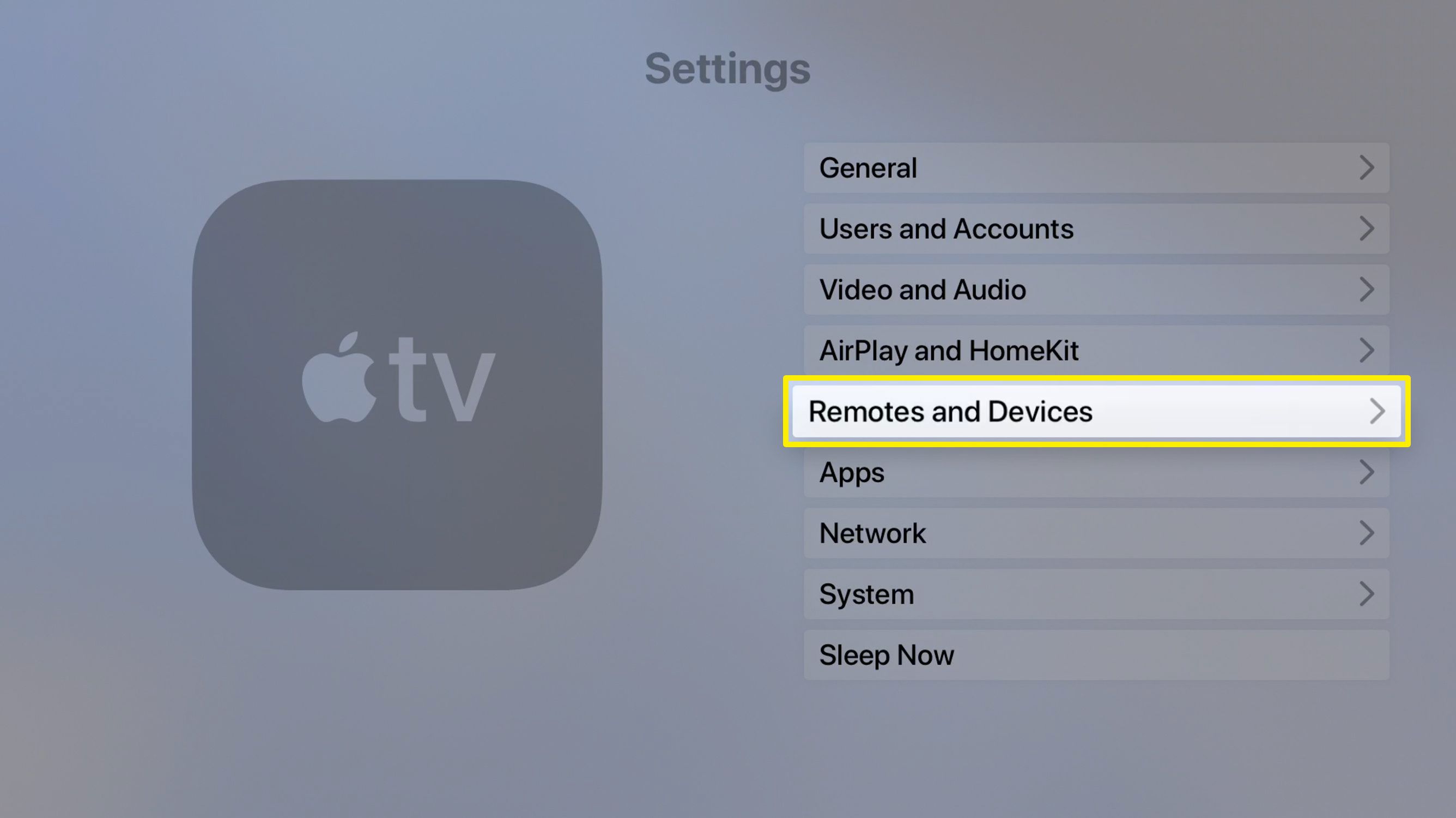 Možnost Dálkové ovladače a zařízení v Nastavení na Apple TV.