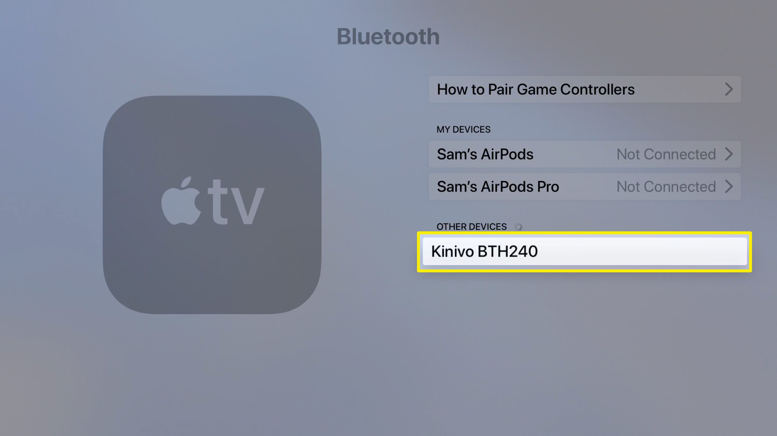 Screenshot obrazovky zařízení Apple TV Bluetooth