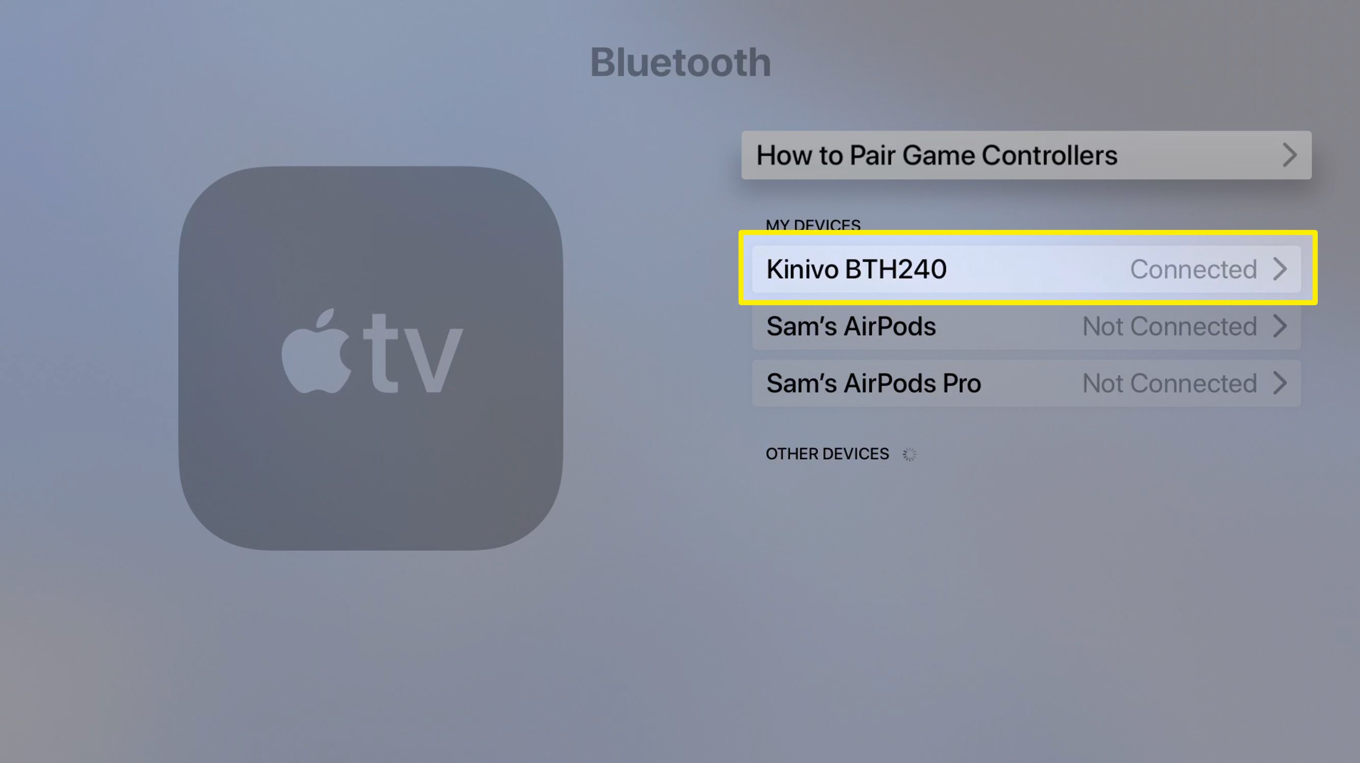 Screenshot obrazovky zařízení Apple TV Bluetooth