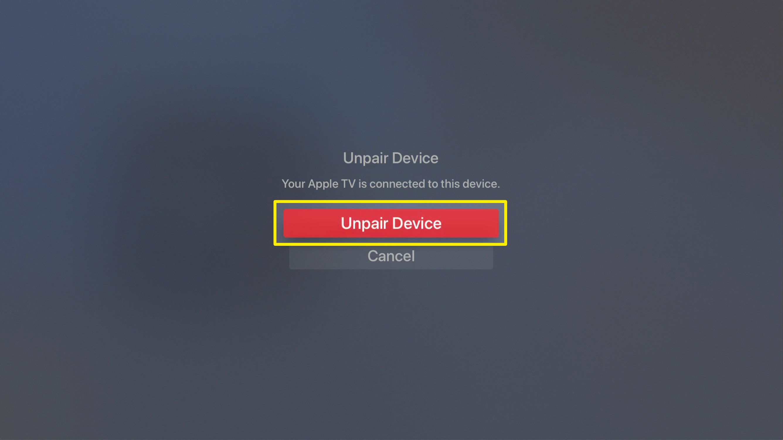 Snímek obrazovky s potvrzením zařízení Apple TV Odpojit zařízení Bluetooth