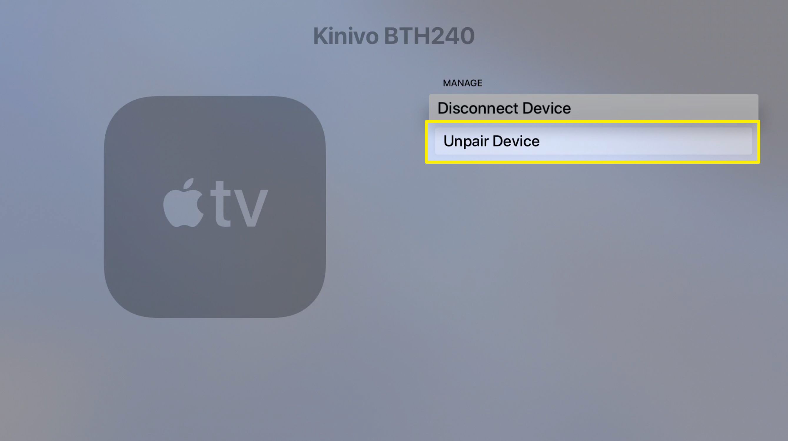 Screenshot obrazovky Apple TV Odpojit zařízení Bluetooth