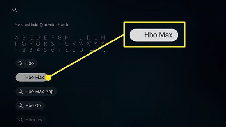 HBO Max ve výsledcích vyhledávání na Amazon Firestick. 