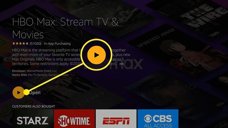 Otevřená možnost v aplikaci HBO Max na Amazon Firestick.