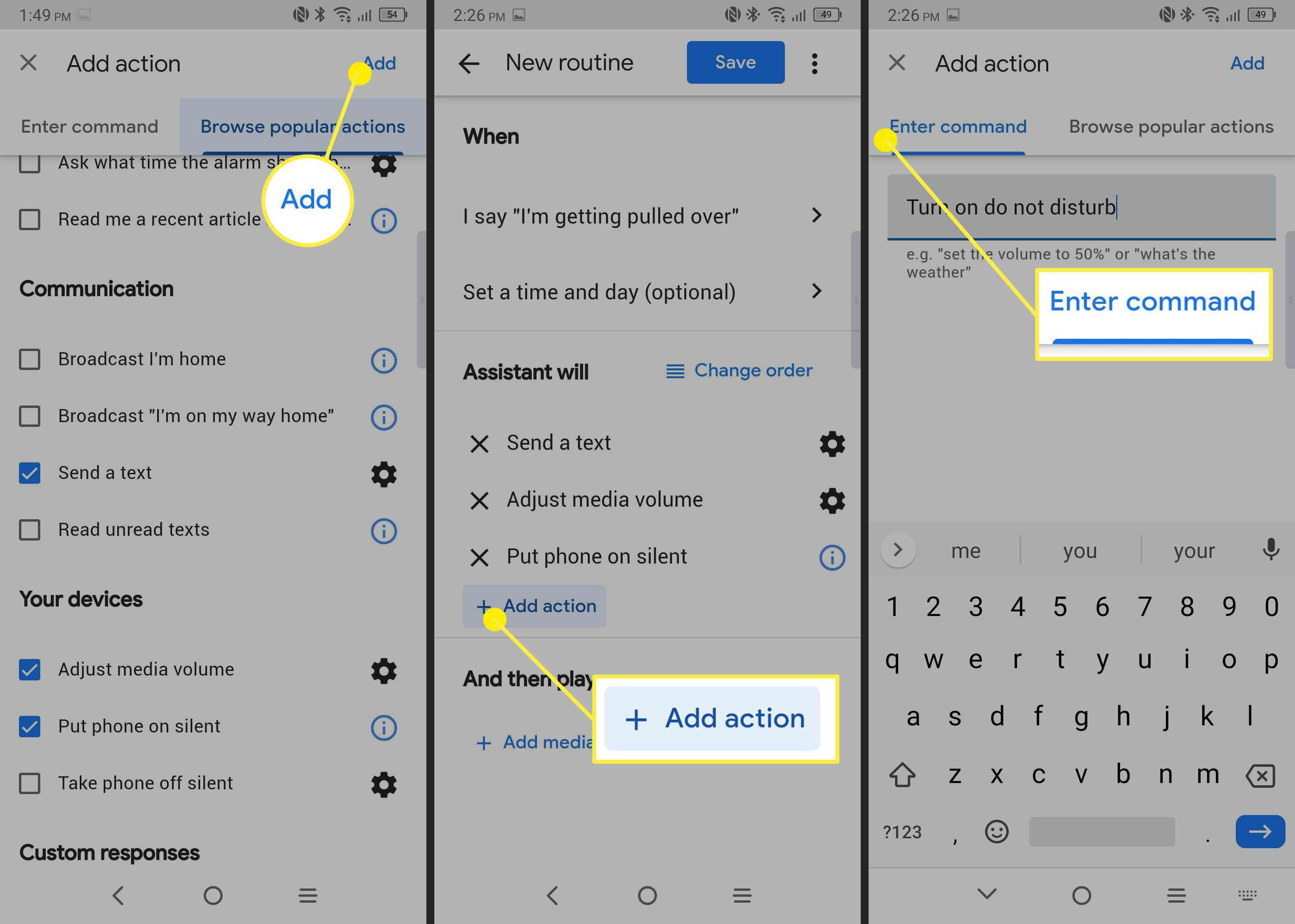 Přidání dalších kroků akce k rutině v Google Assistant pro Android.