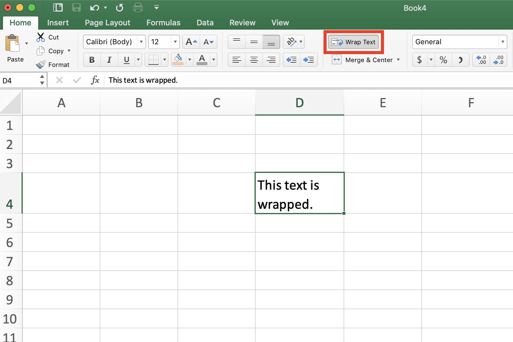 Screenshot aplikace Excel, která zobrazuje zabalený text prostřednictvím pruhu pásu karet