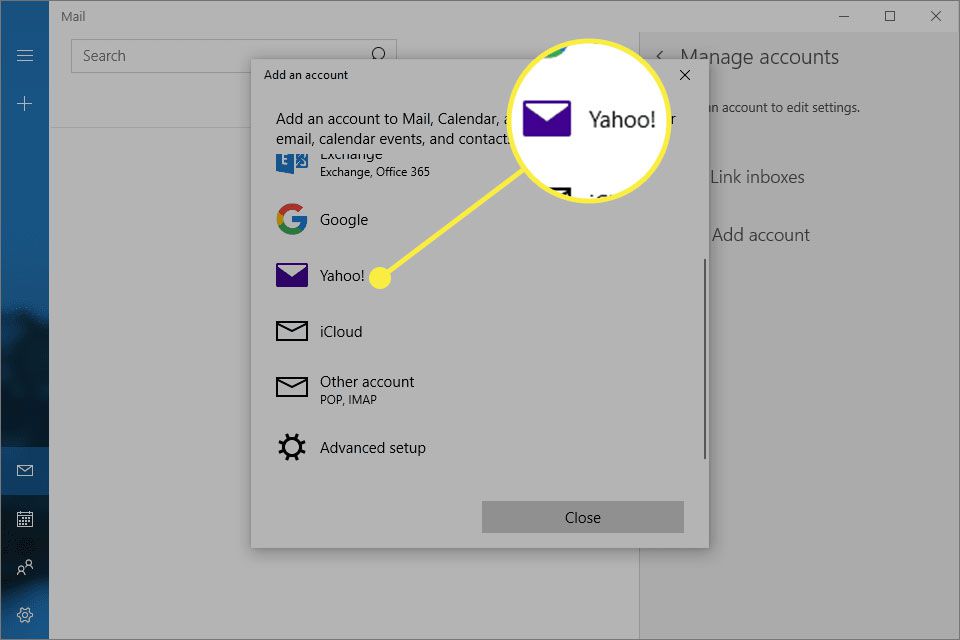 Obrazovka Přidat účet v aplikaci Mail pro Windows se zvýrazněným Yahoo