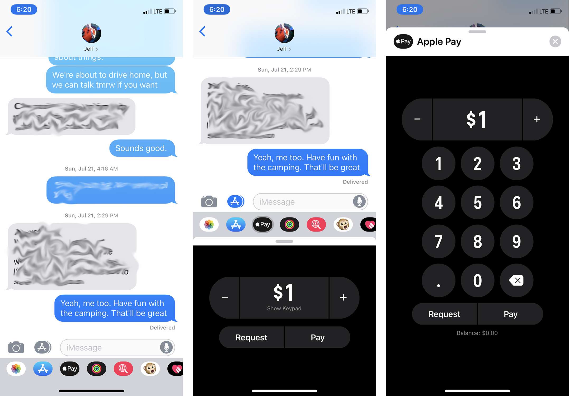 Screenshoty odesílání peněz pomocí Apple Pay Cash