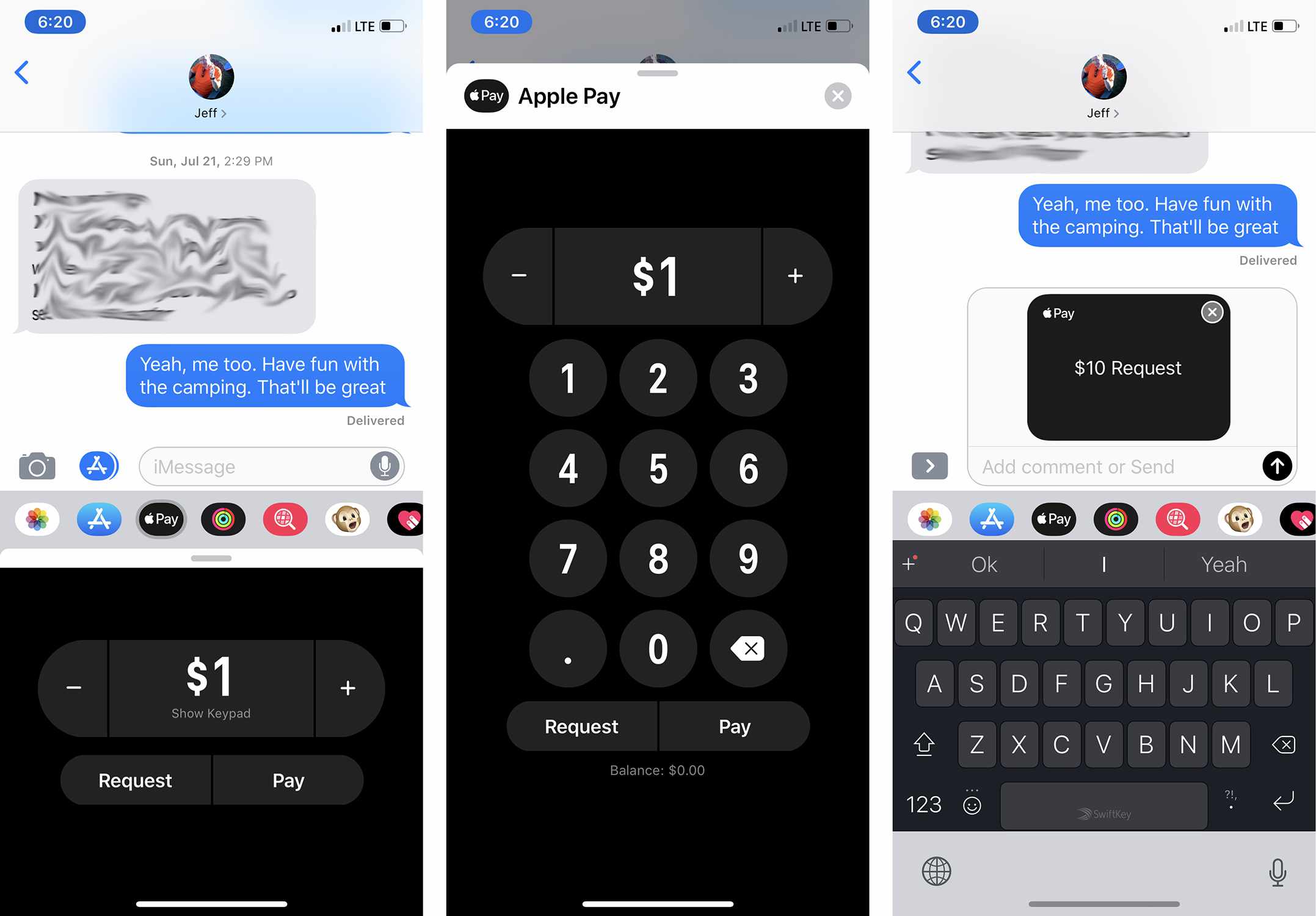 Screenshoty žádosti o peníze pomocí Apple Pay Cash