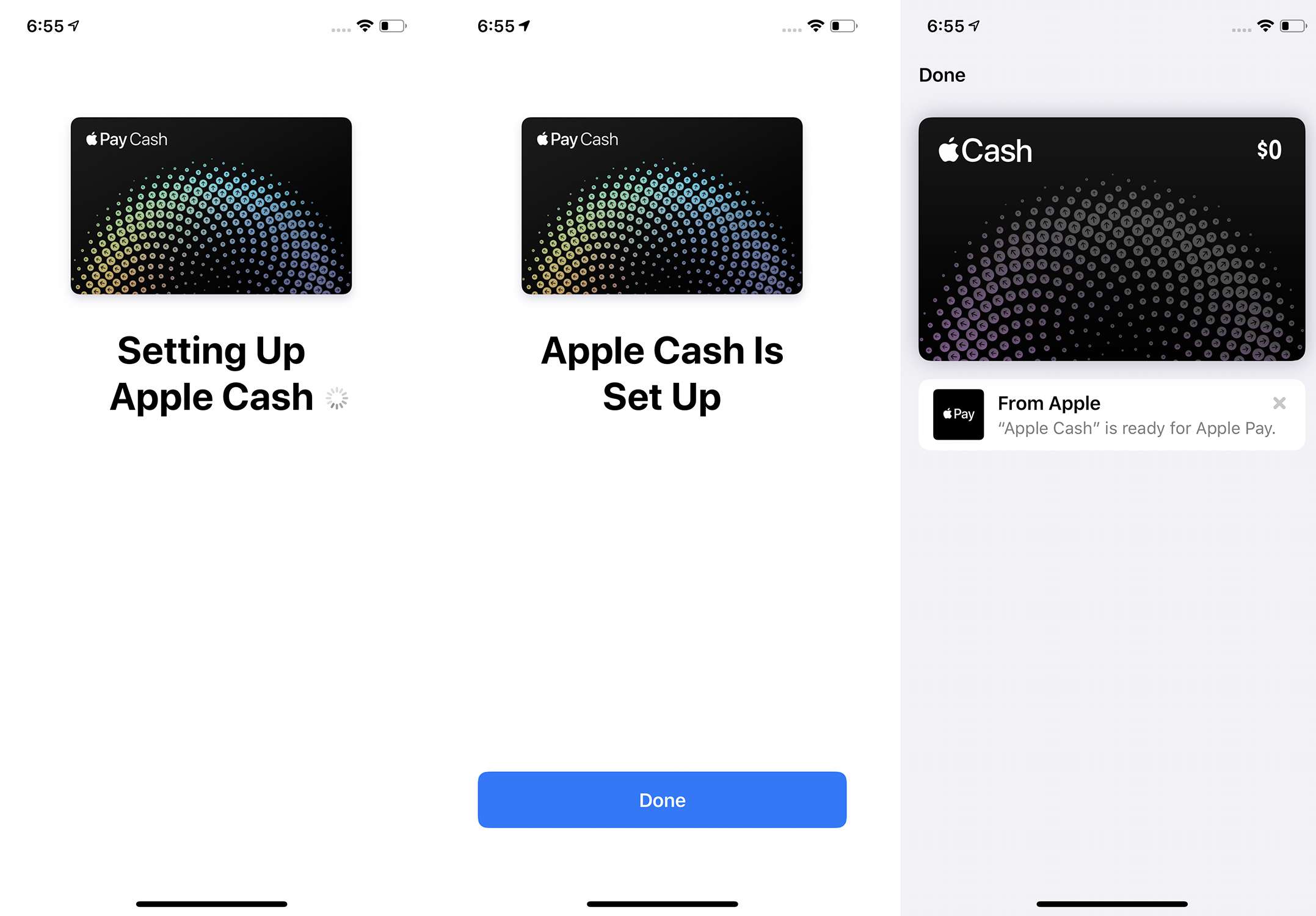 Screenshoty posledních 3 kroků nastavení Apple Pay Cash