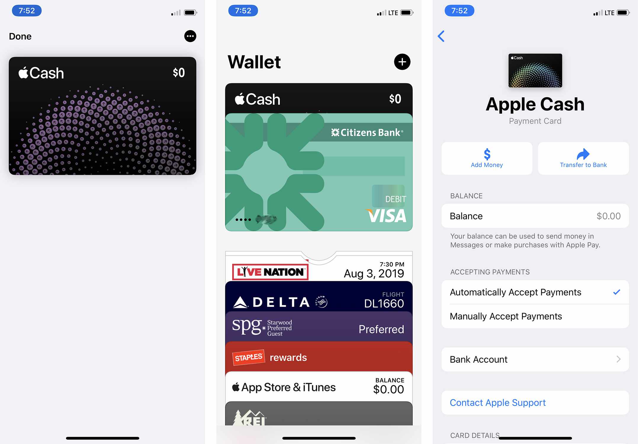 Screenshoty nastavení transakcí Apple Pay Cash