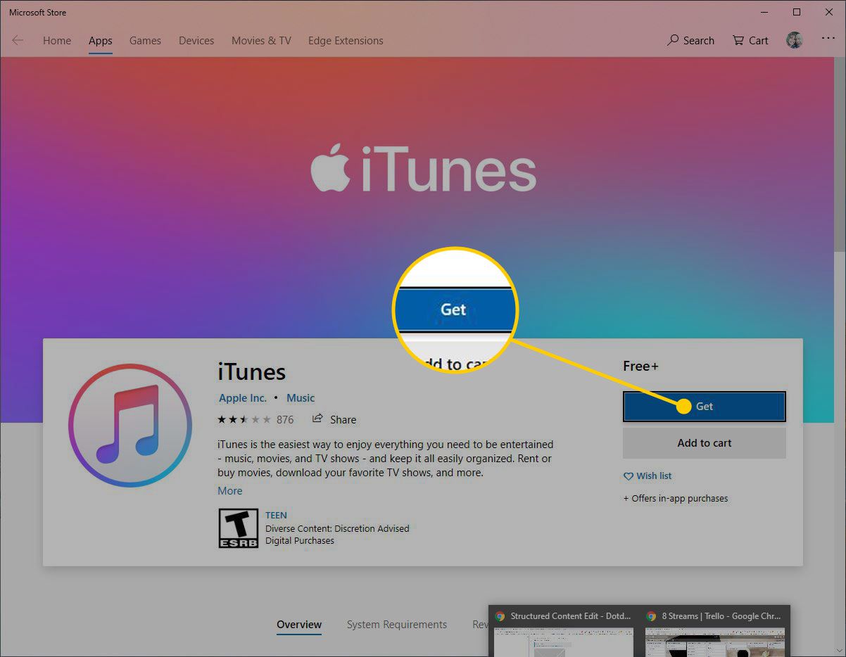 iTunes v Microsoft Storu se zvýrazněným tlačítkem Získat