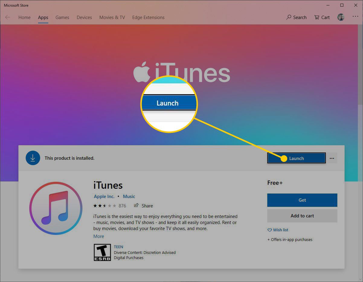 iTunes v Microsoft Storu se zvýrazněným tlačítkem Spustit