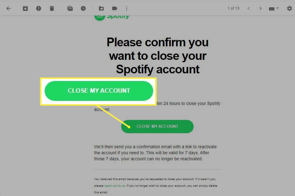 E-mail s potvrzením uzavření účtu Spotify