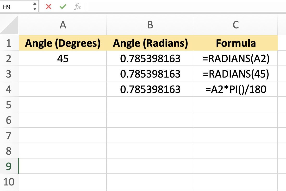 Screenshot aplikace Excel zobrazující převod ze stupňů na radiány