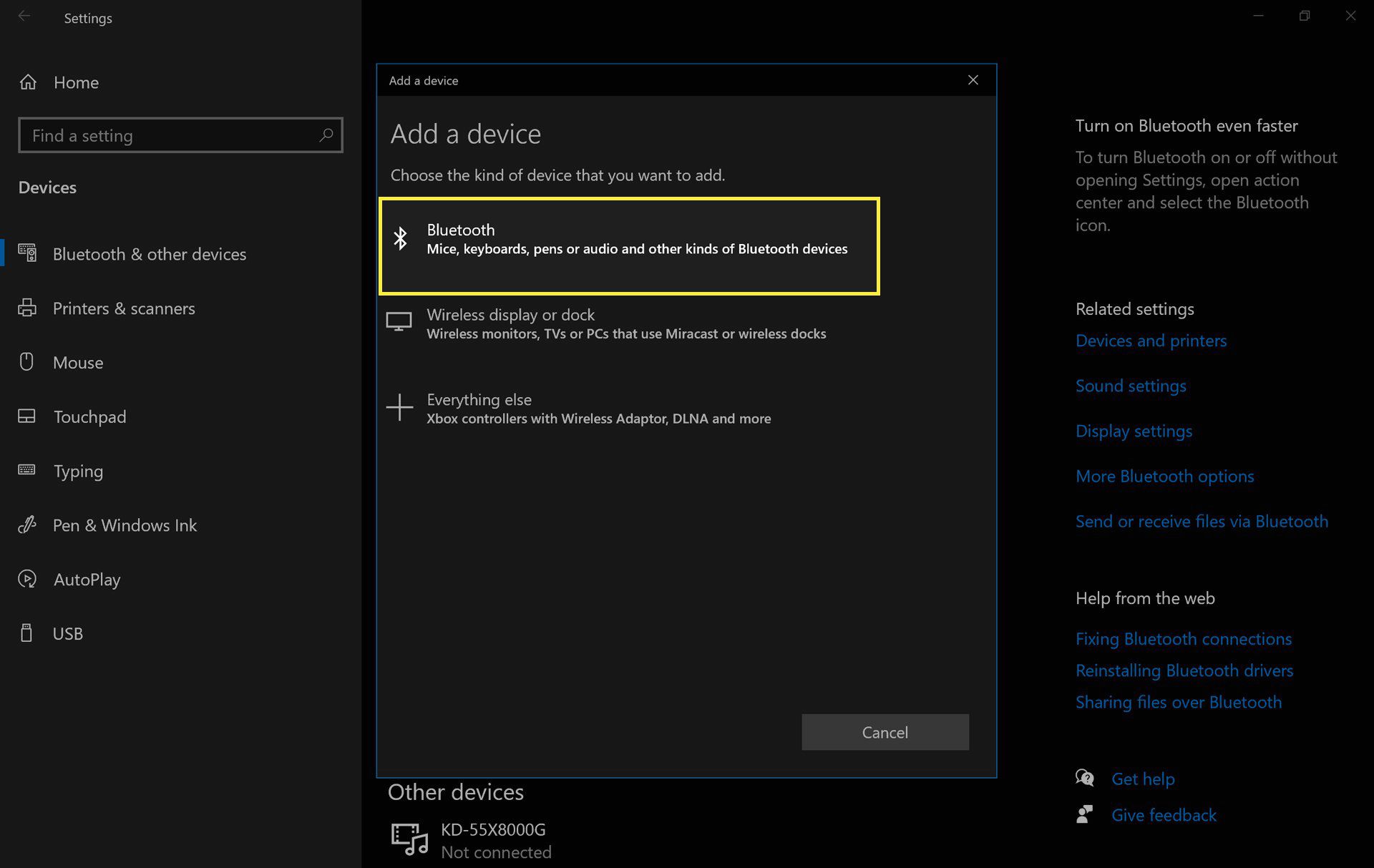 Nastavení zařízení Bluetooth ve Windows 10 se zvýrazněným Bluetooth