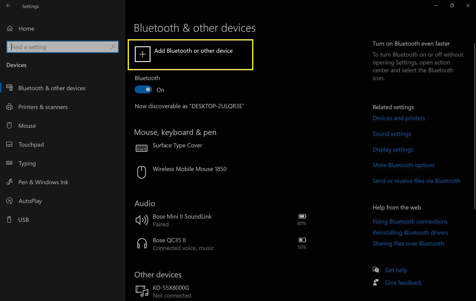 Nastavení zařízení Bluetooth ve Windows 10 se zvýrazněnou možností „Přidat Bluetooth nebo jiné zařízení“