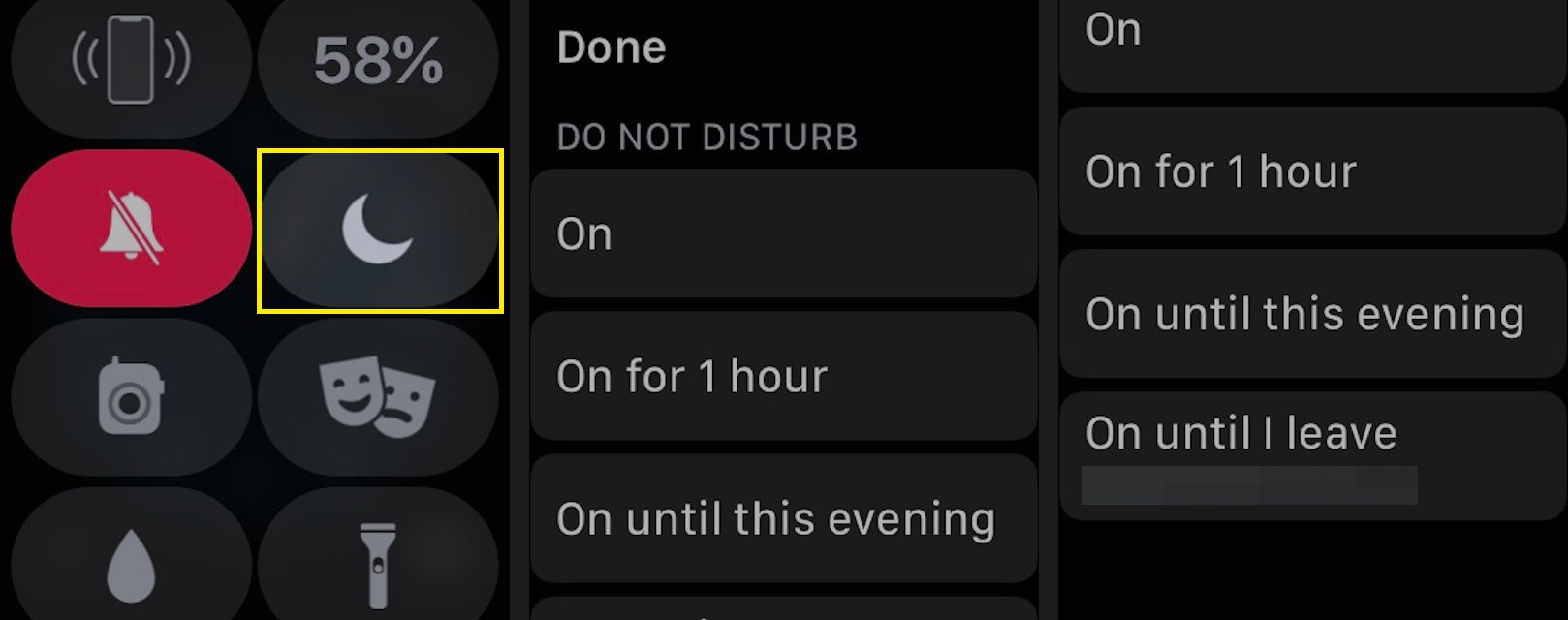 Klepnutím na ikonu Nerušit (měsíc) aktivujete režim Nerušit.  Vyberte, zda chcete tuto funkci zapnout nebo vypnout, nebo určit dobu, po kterou budete nerušeni.