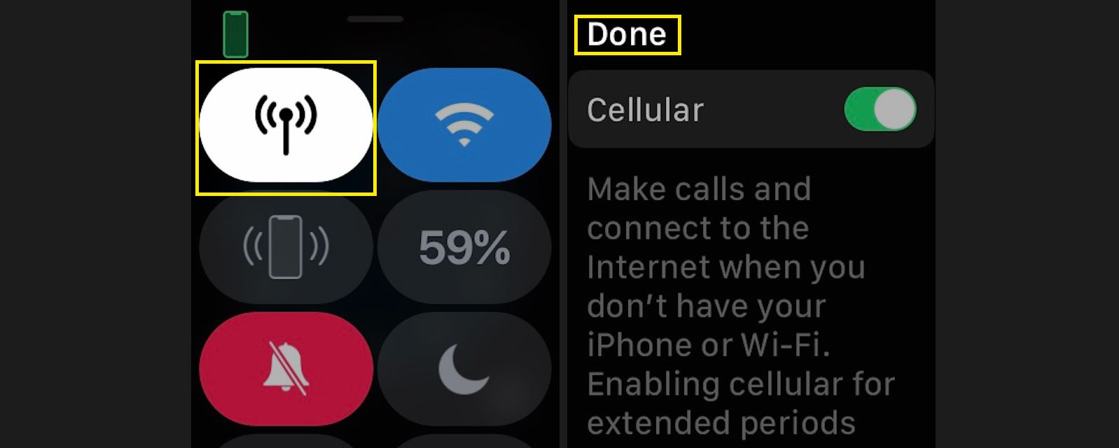 Klepnutím na ikonu mobilní sítě vypnete mobilní službu pro Apple Watch
