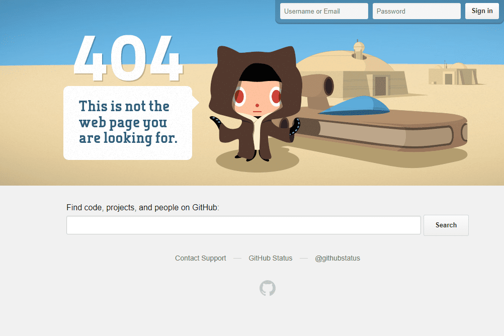 Chybová stránka GitHub Star Wars 404