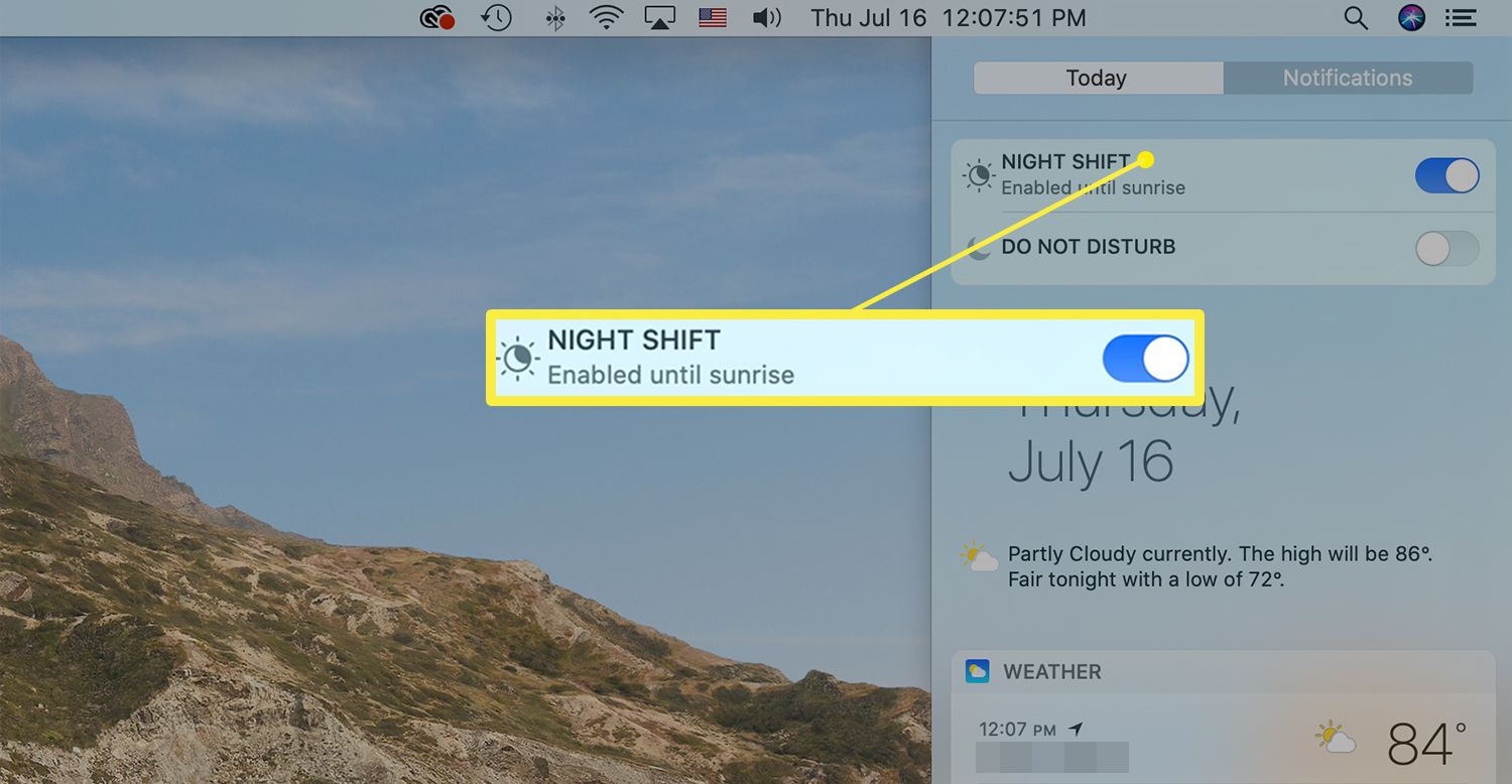 Ovládání Night Shift v Mac Notification Center