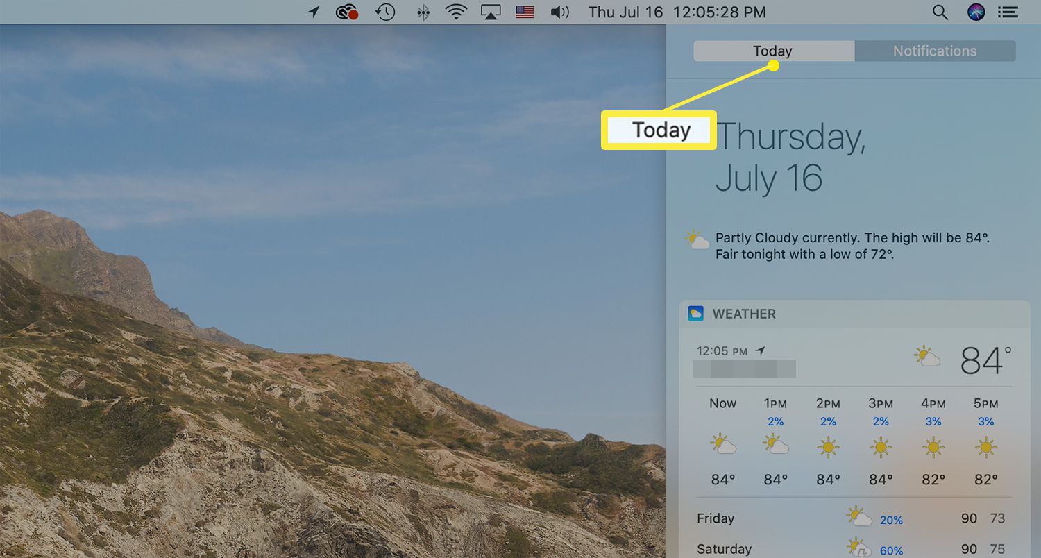 Karta Dnes v horní části Centra oznámení na počítači Mac