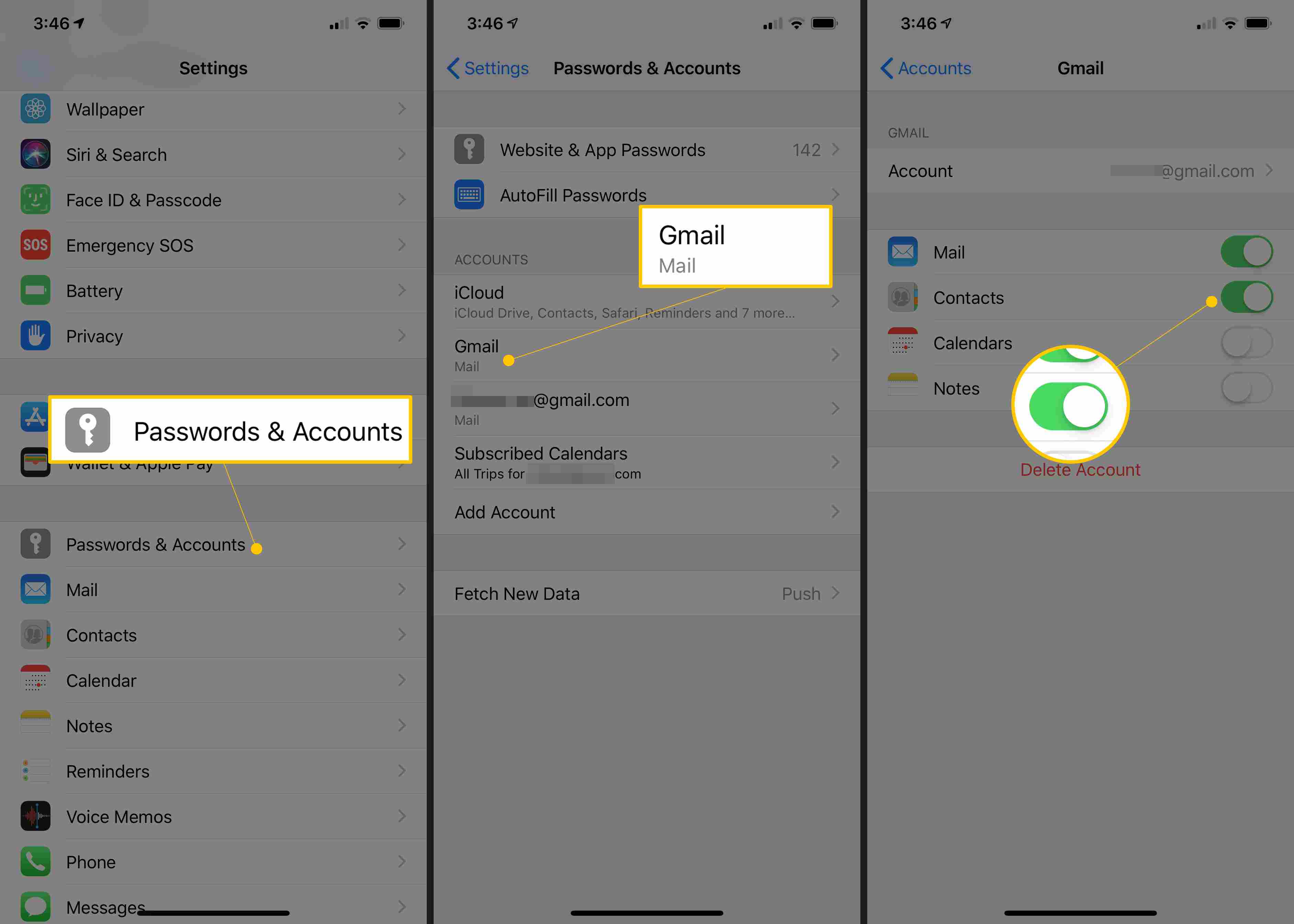 Tři obrazovky iOS zobrazující hesla a účty, Gmail a kontakty se přepínají na ZAPNUTO