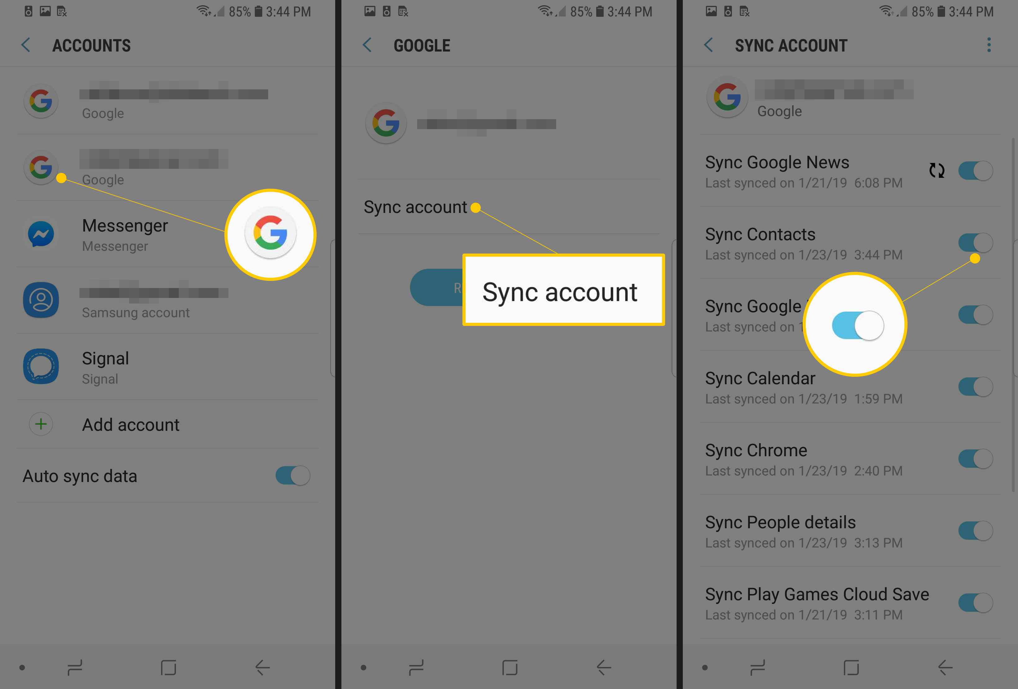 Tři obrazovky Android zobrazující účty, účet synchronizace a kontakty synchronizace se přepnou na ZAPNUTO