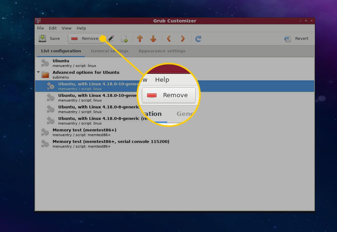 Tlačítko Odebrat v nástroji Grub customizer