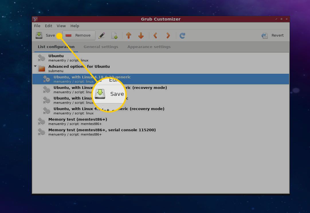 Tlačítko Uložit v nástroji Grub customizer