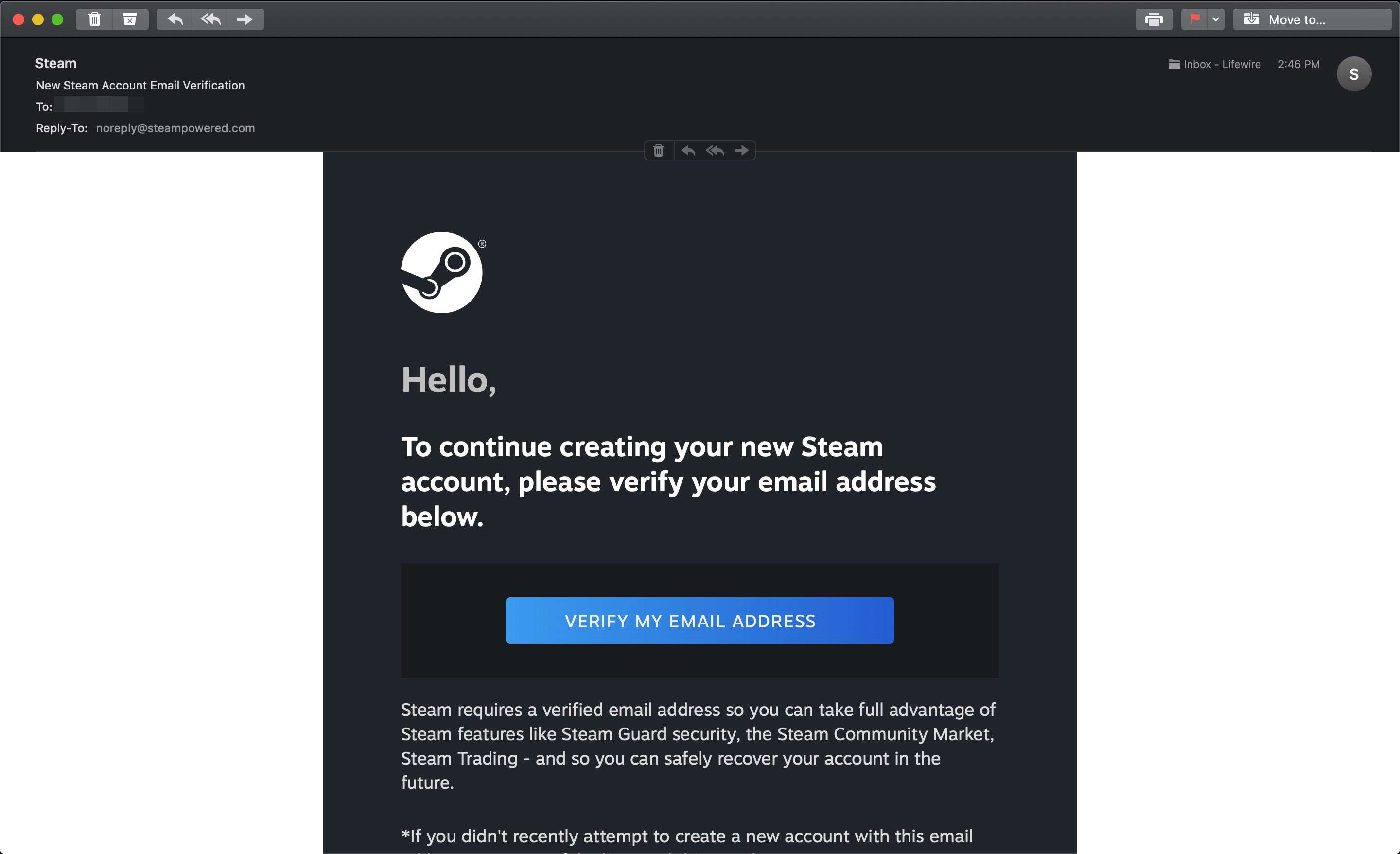 Potvrzovací e-mail od služby Steam