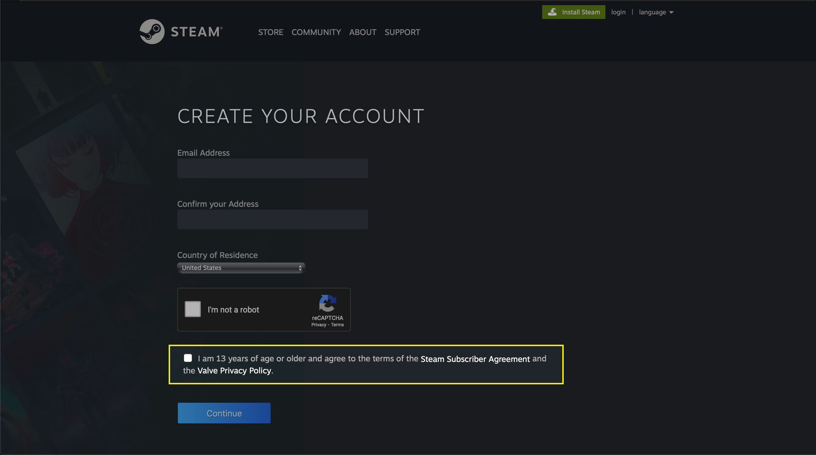 Odkazy na uživatelské ujednání a zaškrtávací políčko na stránce Vytvořte si účet ve službě Steam