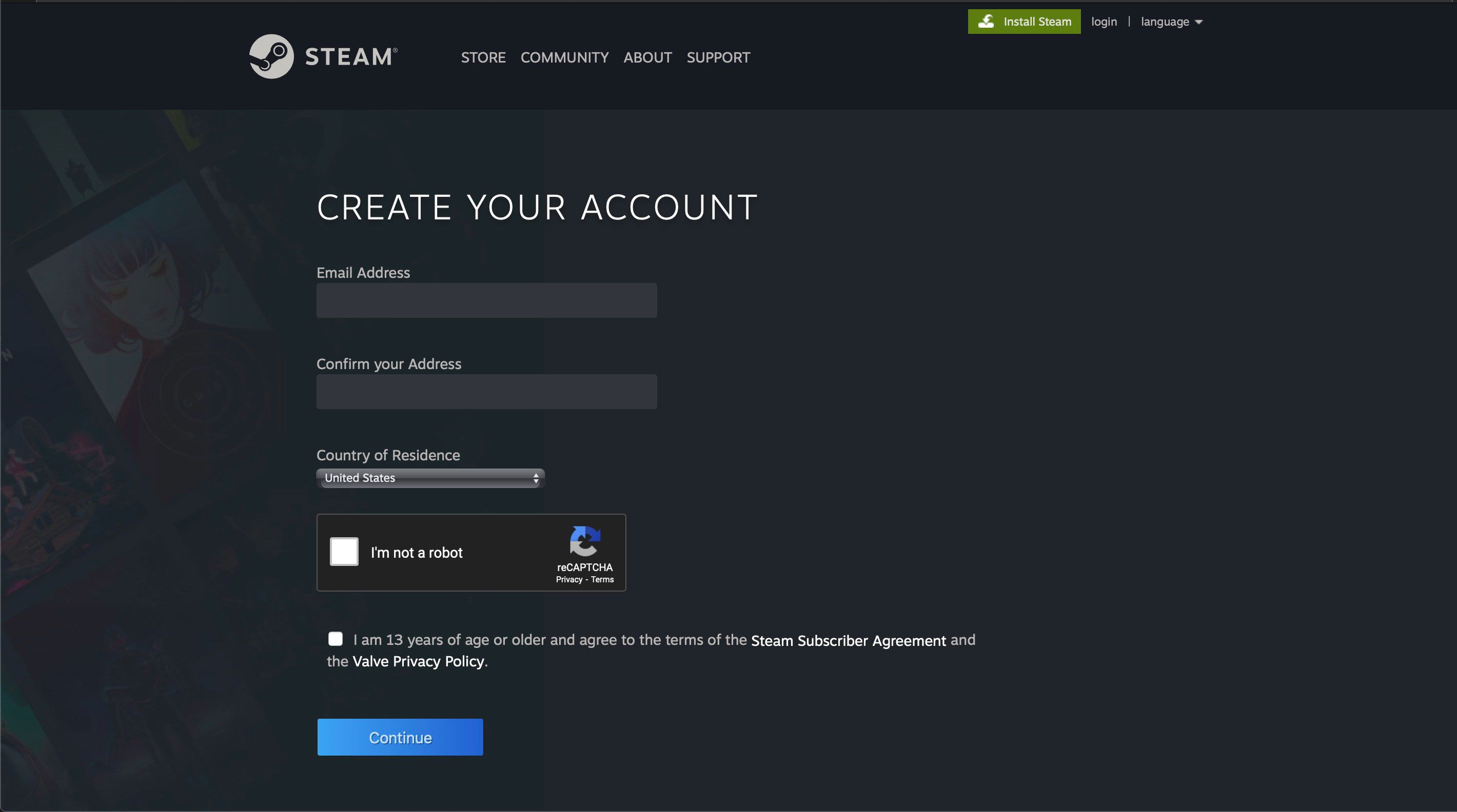 Obrazovka Vytvořit svůj účet ve službě Steam