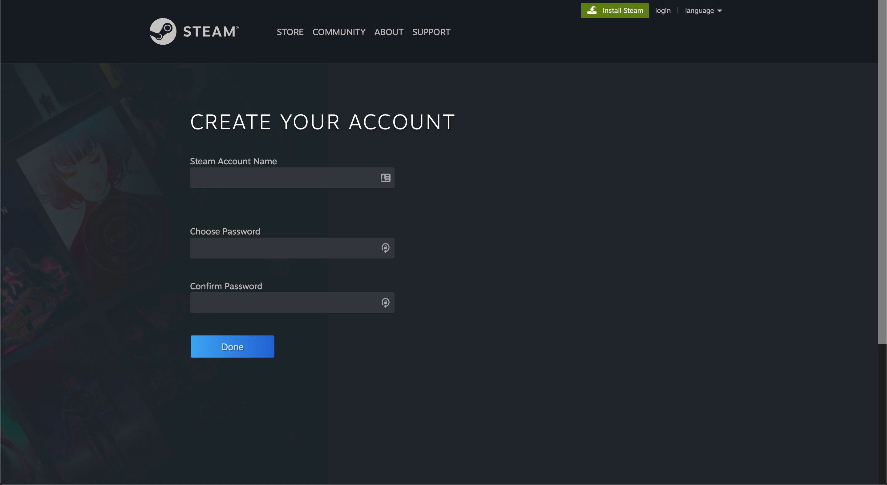 Stránka Název účtu Steam a heslo