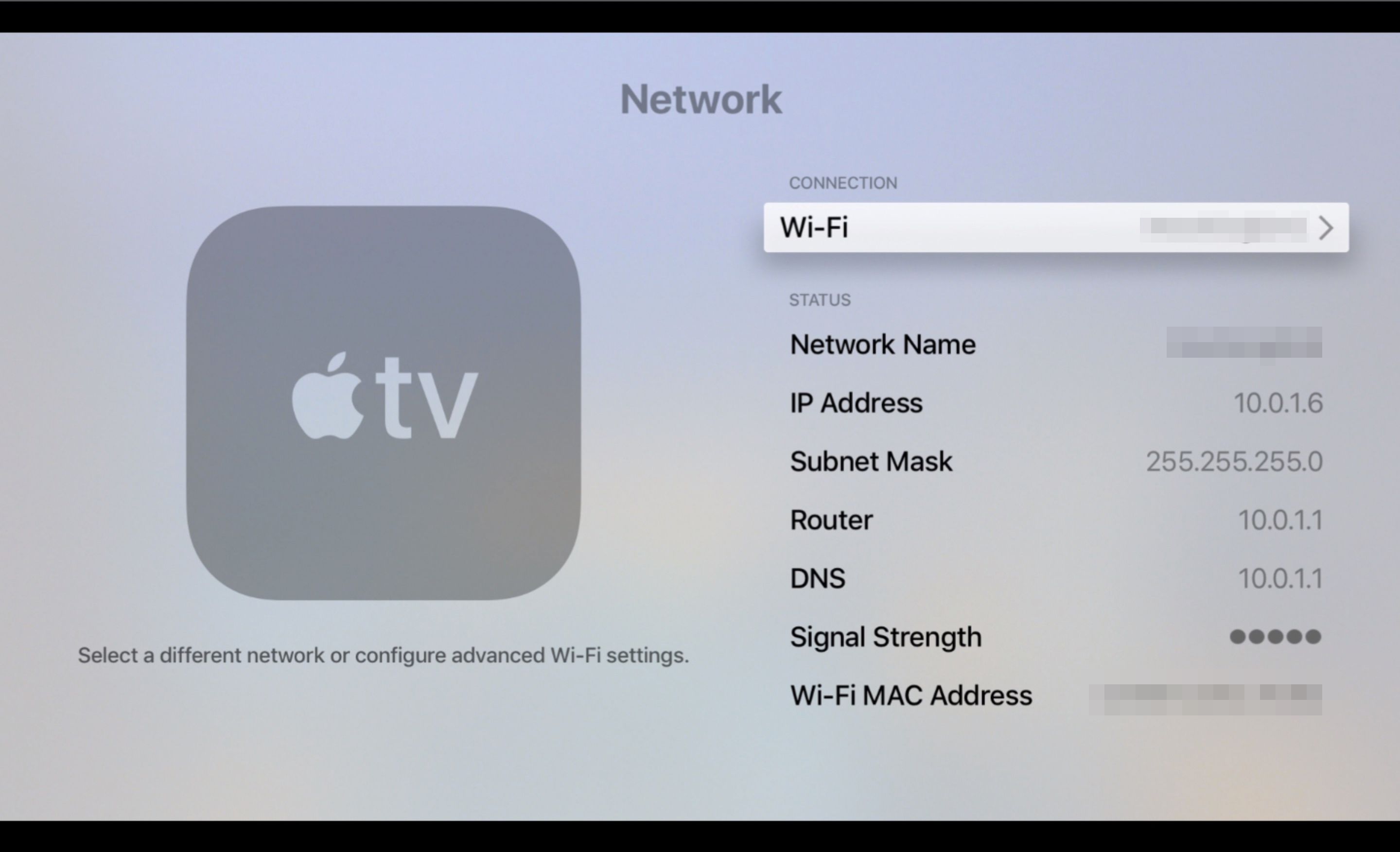 Obrazovka sítě na Apple TV