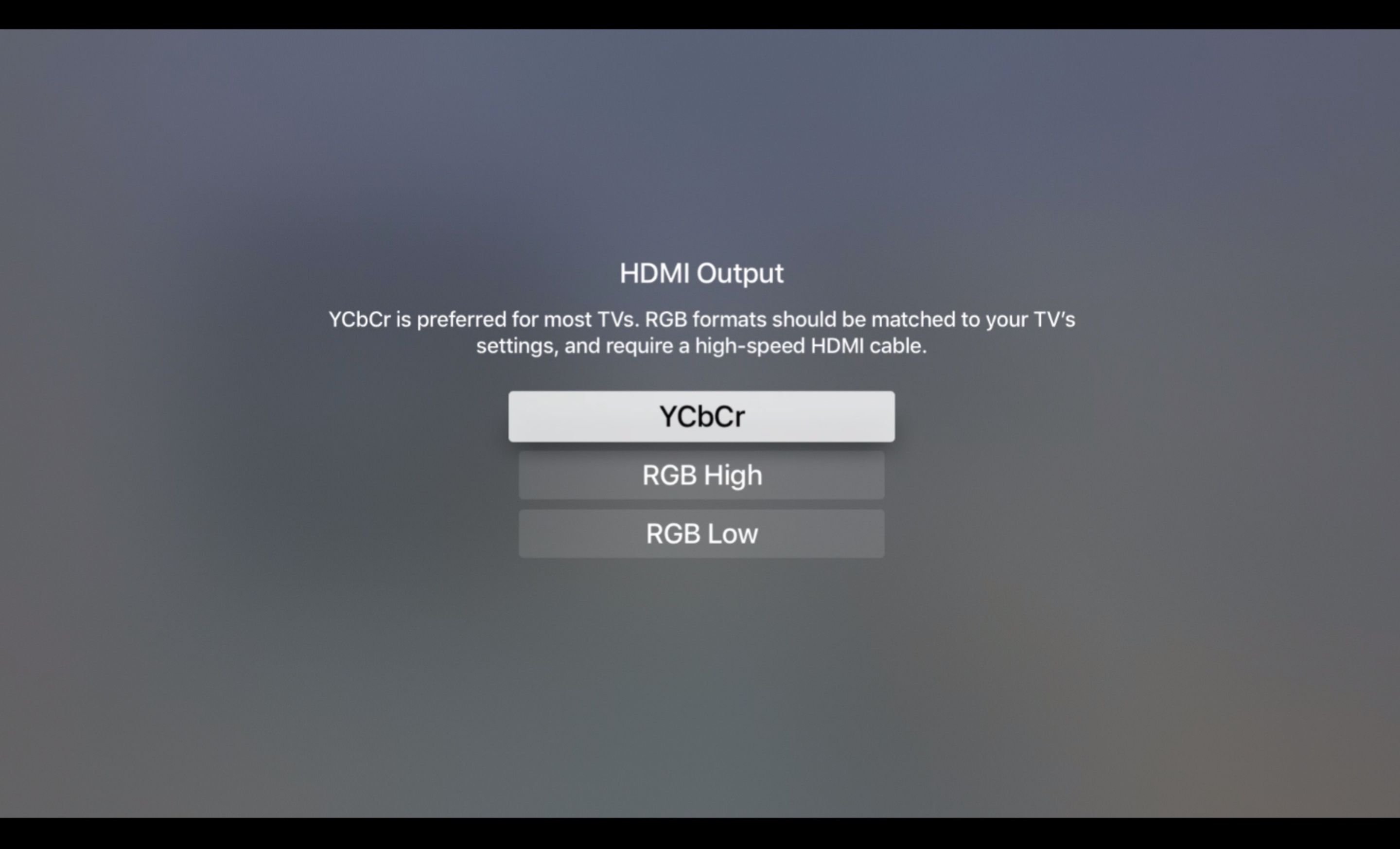 Obrazovka výstupu HDMI na Apple TV, nastavena na YCbEr