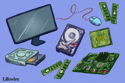 Ilustrace různého hardwaru počítače, včetně pevného disku, RAM, základní desky, monitoru, myši a optické jednotky