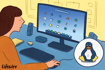 Ilustrace osoby používající Linux na stolním počítači