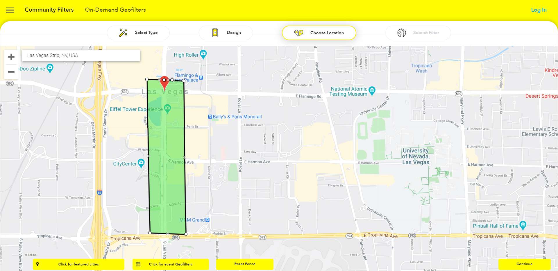 Obrázek Map Google s zvýrazněným pruhem Las Vegas pro vlastní geotag Snapchat.