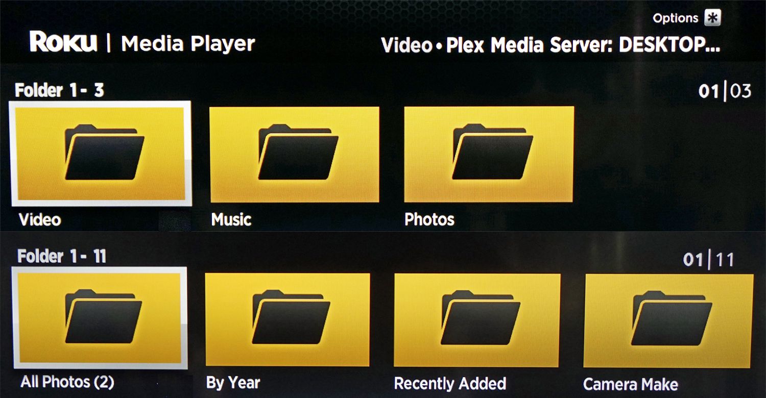 Složky mediálního serveru zobrazené v aplikaci Roku Media Player