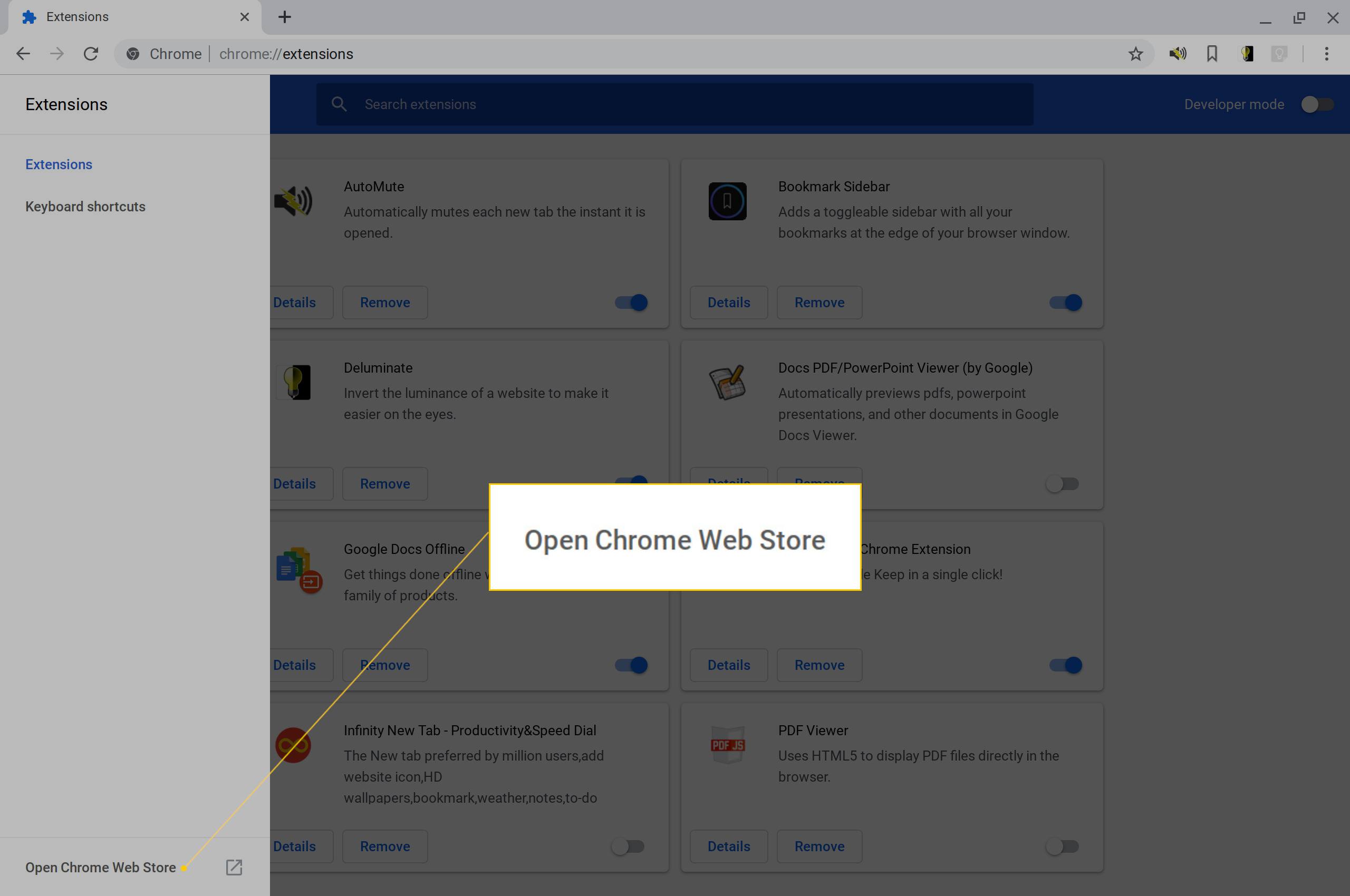 Odkaz Otevřít webový obchod Chrome.