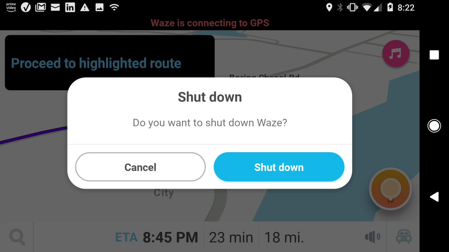 Screenshot ukončení navigace ve Waze